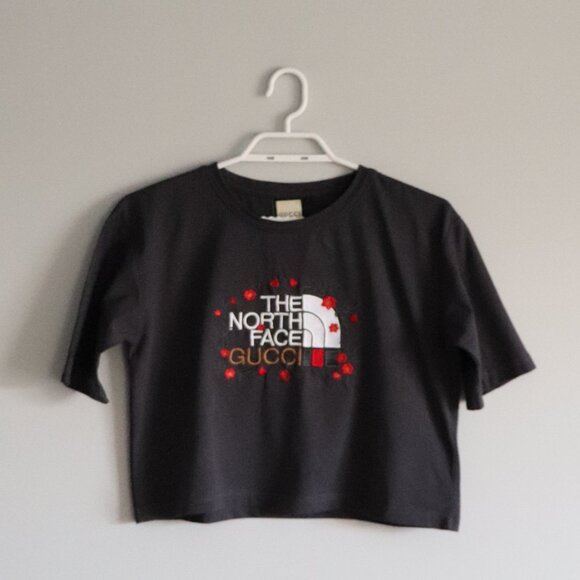 The North Face x Gucci M Grey Embroidered Collab Floral Cropped T-Shirt Crew Top - Picture 1 of 9